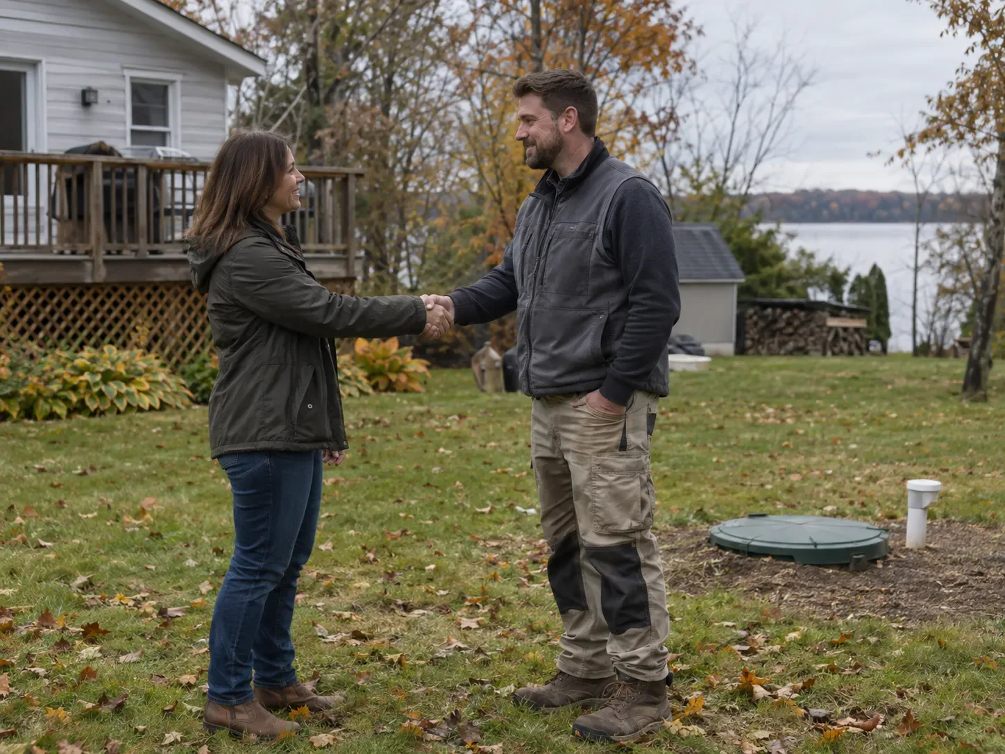 Septic service technician shaking hands with a homeowner in a residential backyard near Lake Simcoe in Innisfil, Ontario