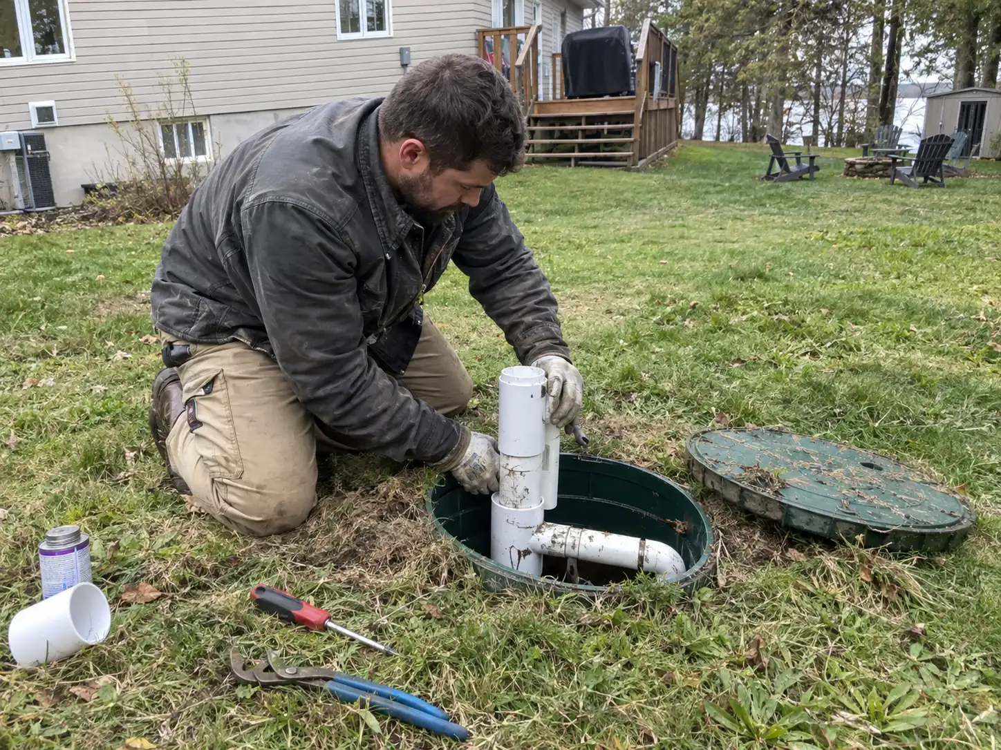 Septic technician repairing PVC tank components beside an open septic access riser in an Innisfil backyard