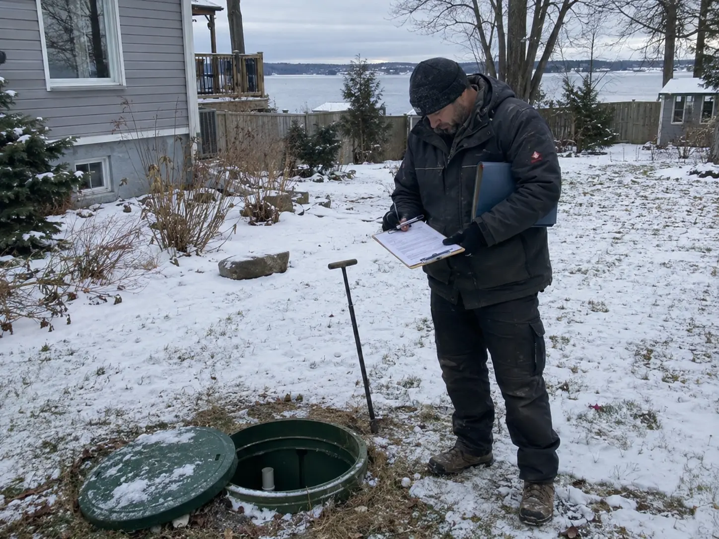 Septic technician documenting an inspection beside an open tank access in a snowy Innisfil backyard