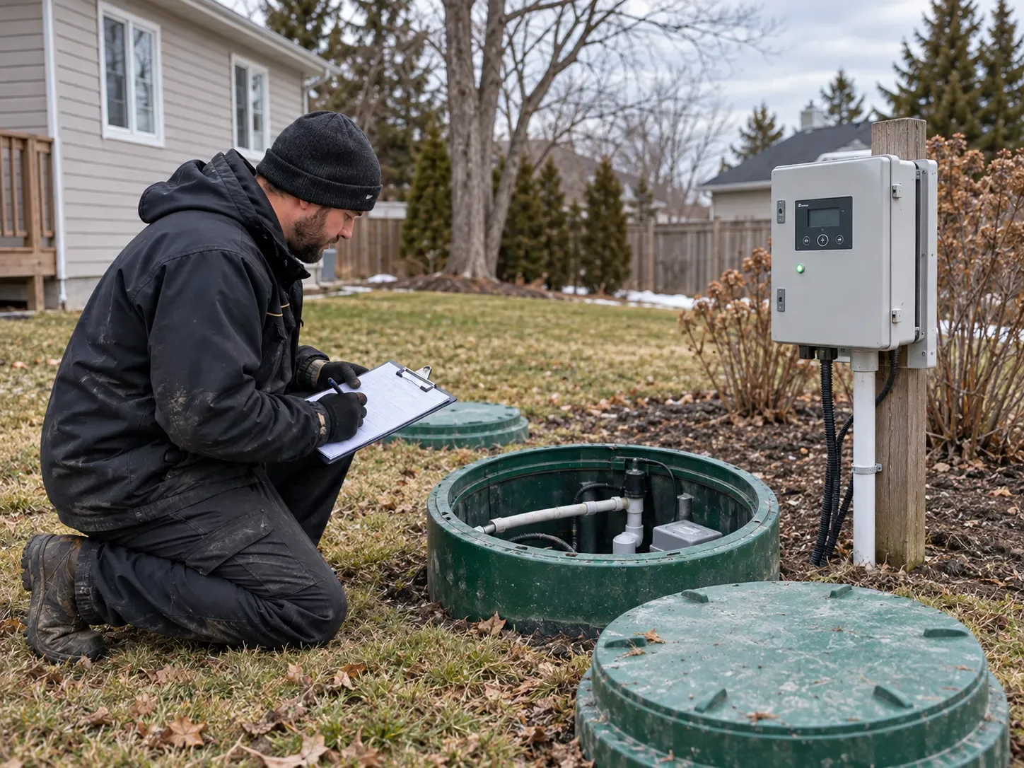 Septic technician inspecting an advanced wastewater treatment unit and its control equipment at a residential property in Innisfil